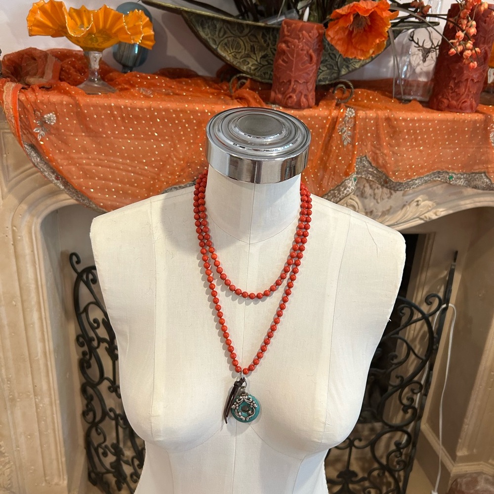Elegant Coral Beaded Necklace with Turquoise Pendant
